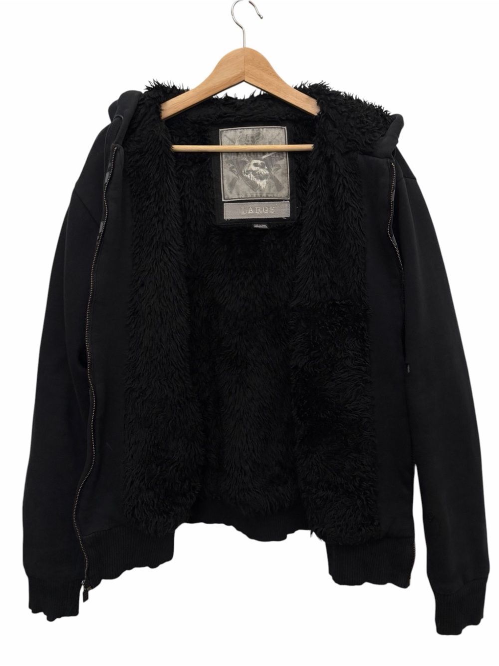 Fox Racing Sasquatch Men Sz L Black Faux Fur Lined Zip Hooded Jacket Grunge Y2K - Picture 10 of 12